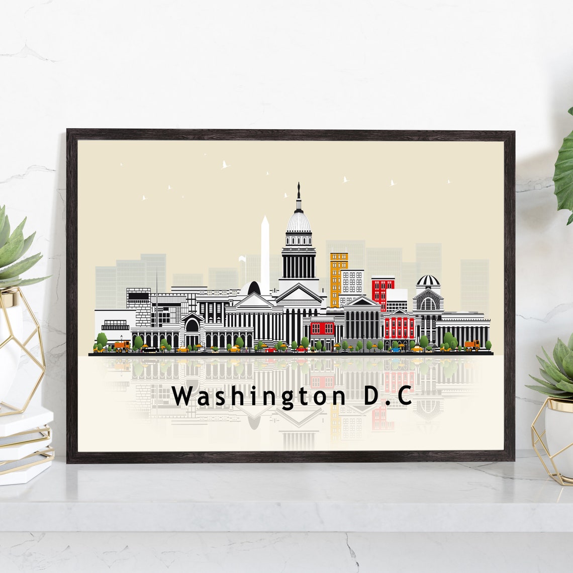 Washington DC Capitol Monument Skyline Illustration Reflection Poster