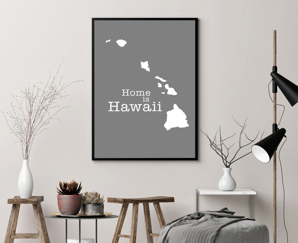 Hawaii Home Is Hawaii White On Gray Minimalist Map Wall Art Print - Image 3