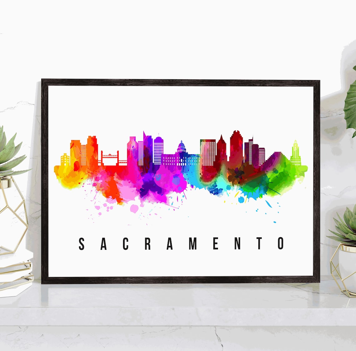 Sacramento California Tower Bridge Sunset Watercolor Travel Poster