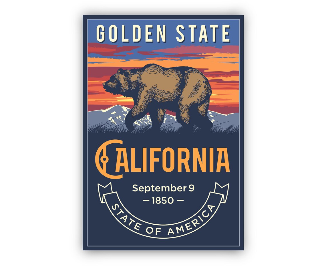 California Golden State Grizzly Bear Sunset Retro State Travel Poster - Image 3