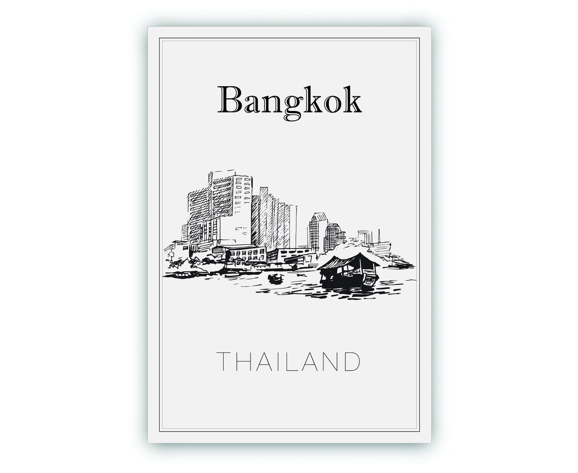 Bangkok Thailand Grand Palace Riverside Silhouette Sketch Art Poster - Image 2
