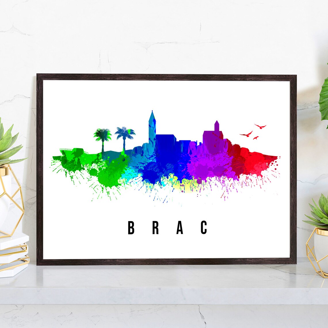 Brac Croatia Island Bell Tower Palm Watercolor Skyline Travel Poster