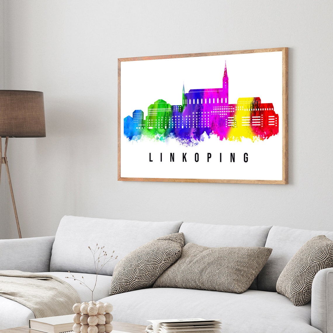 Linkoping Sweden Rainbow Watercolor City Skyline Travel Poster - Image 3