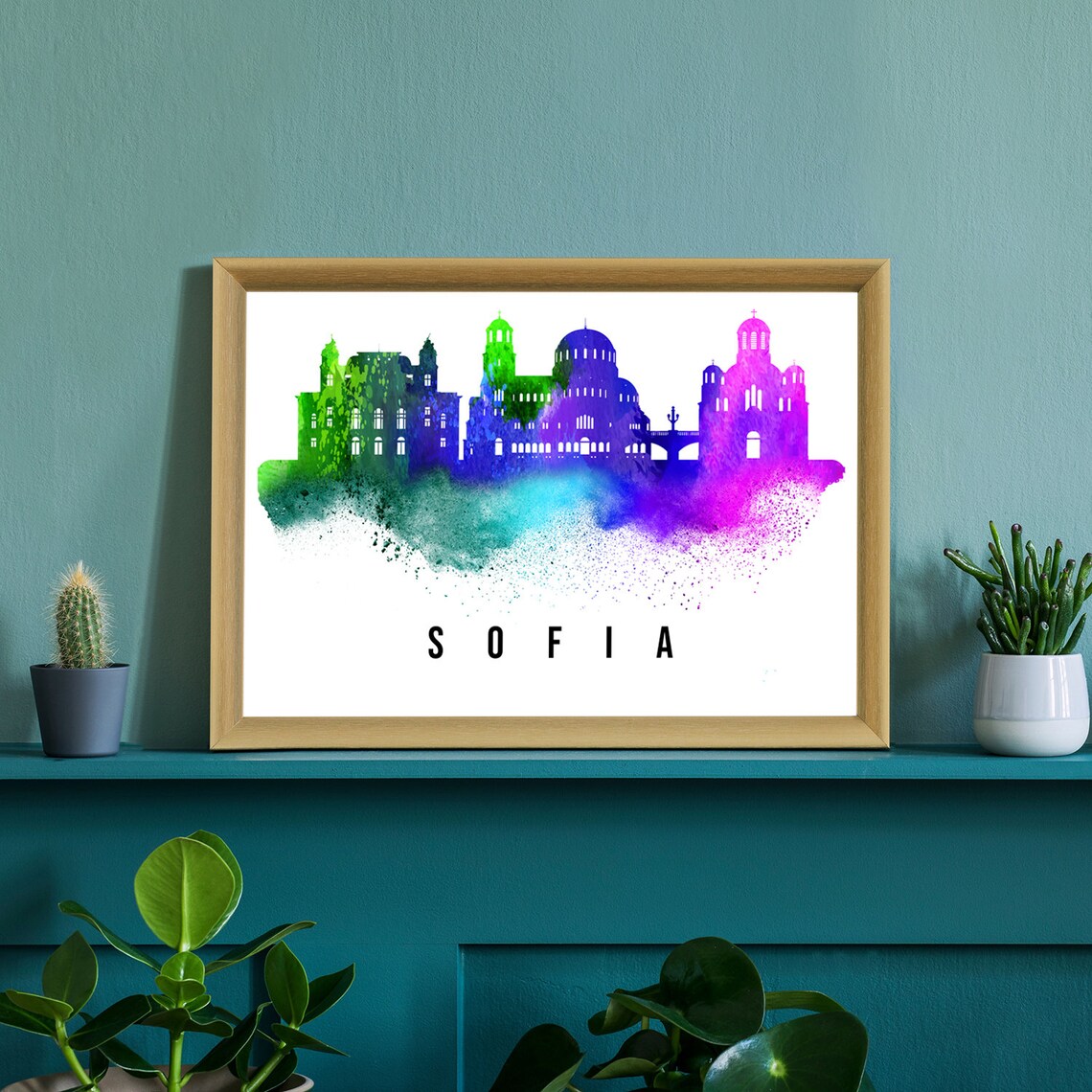 Sofia Bulgaria Watercolor Skyline Purple Green Landmark Travel Poster - Image 2