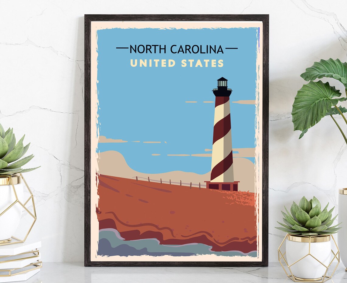 North Carolina Spiral Striped Lighthouse Retro Vintage Travel Poster