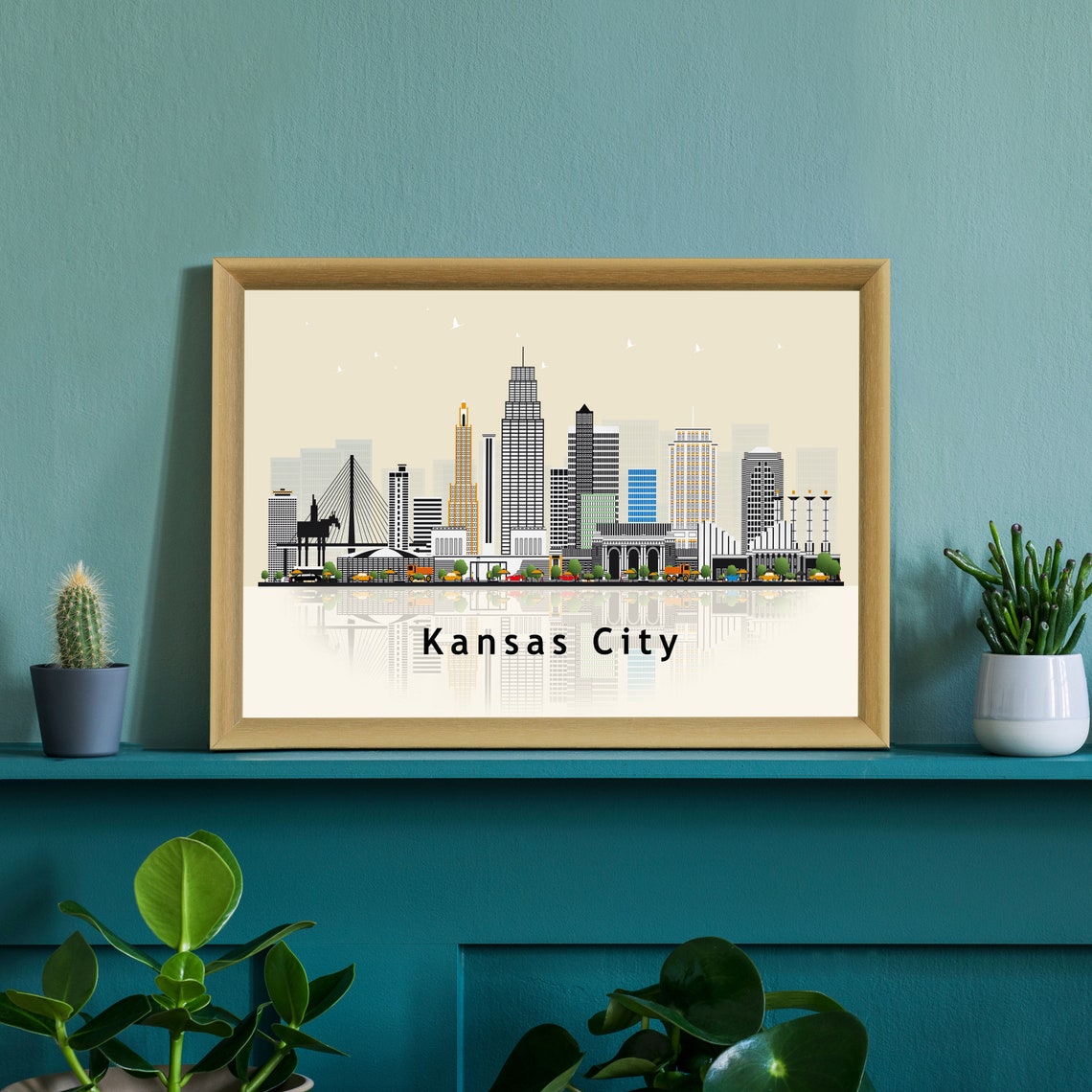 Kansas City Skyline Landmark Illustration Reflection Urban Wall Poster - Image 2