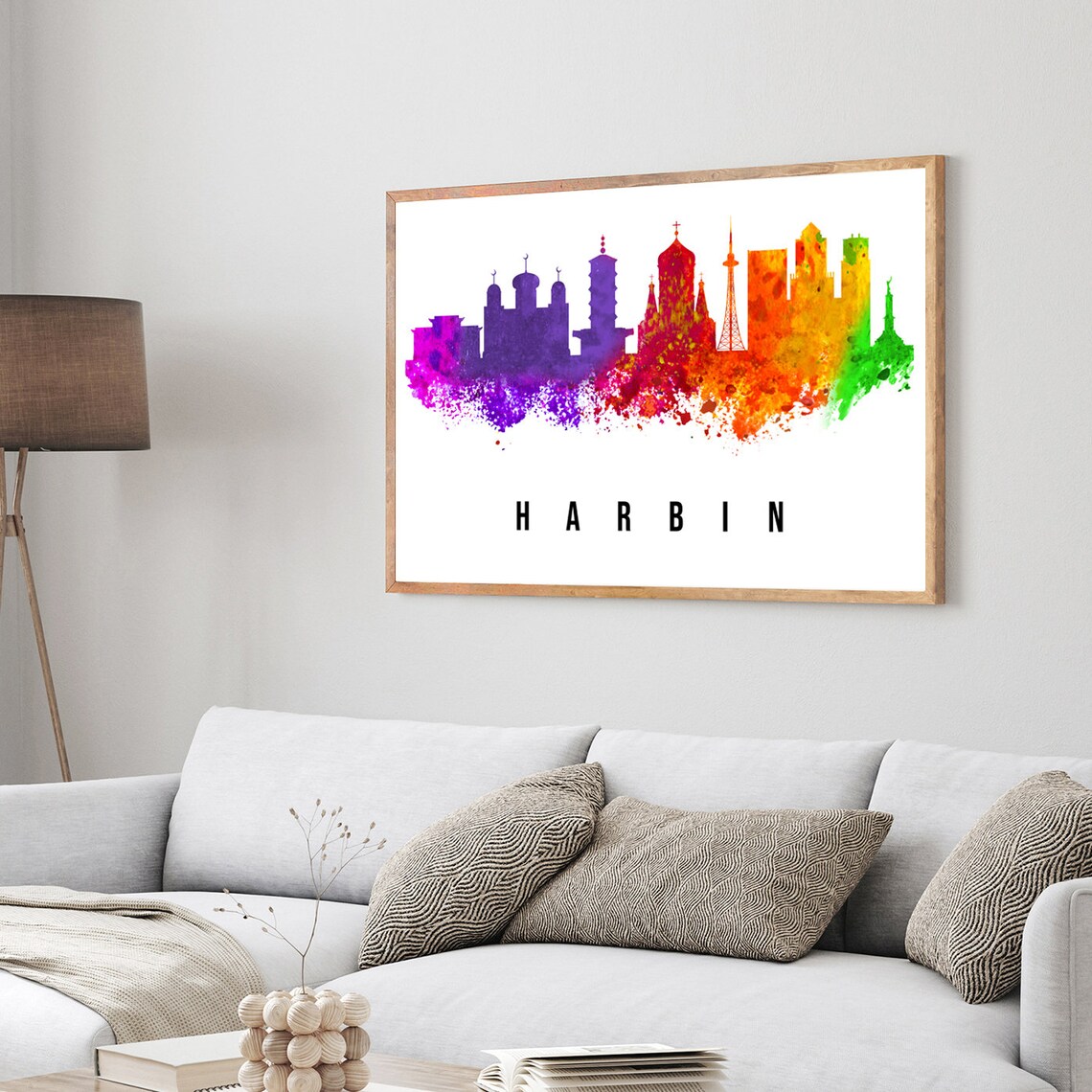 Harbin China Colorful Watercolor Skyline Silhouette Travel Poster - Image 3