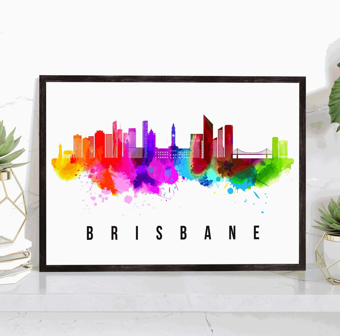 Brisbane Australia Rainbow Watercolor Splash Skyline City Poster