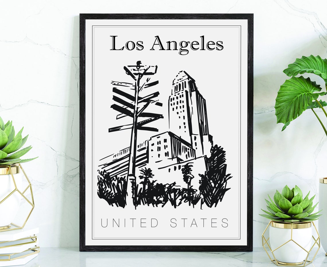 Hand Drawn Poster Los Angeles Travel Poster United States Poster Wall Art Los Angeles Cityscape And Landmark Map State Poster For Home