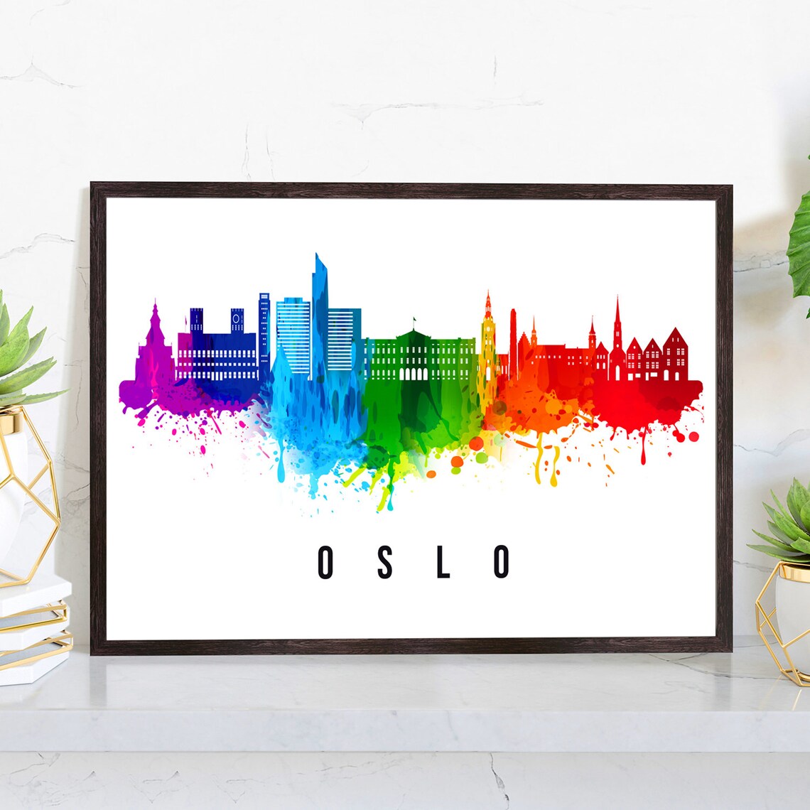 Oslo Norway City Hall Palace Watercolor Skyline Travel Poster