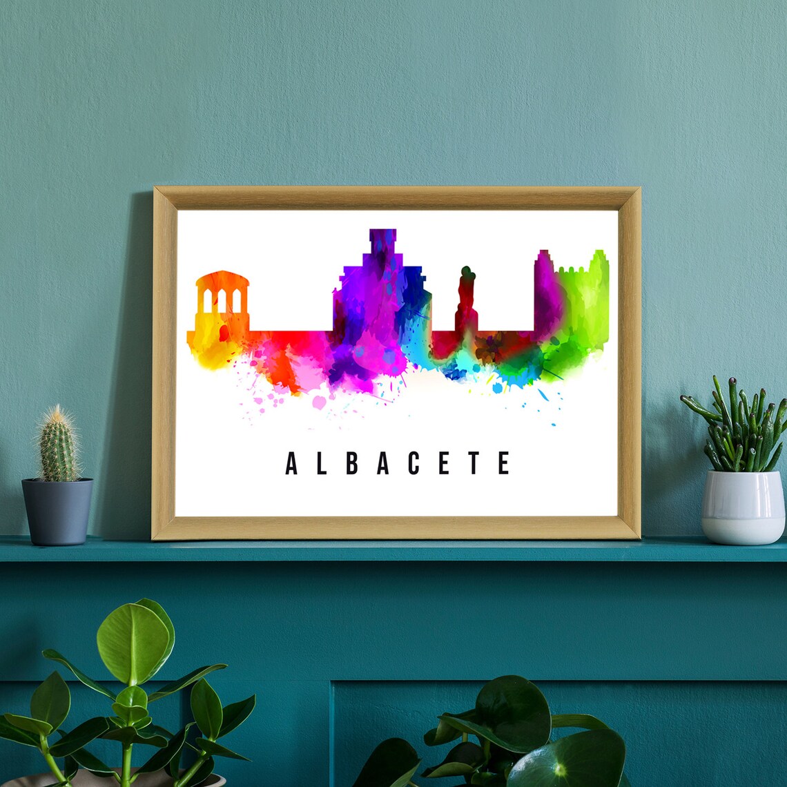 Albacete Spain Rainbow Watercolor Skyline Modern Cityscape Art Poster - Image 2