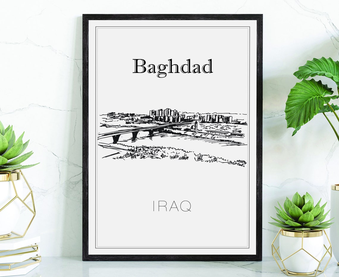 Baghdad Iraq Tigris River Bridge Skyline Hand Drawn Sketch Poster