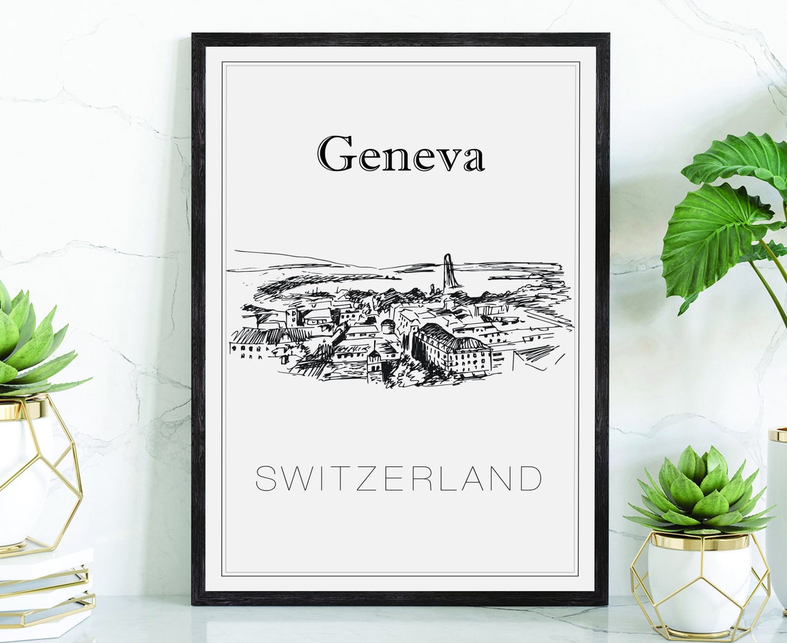 Geneva Switzerland Lake And Waterfront Cityscape Hand Drawn Poster