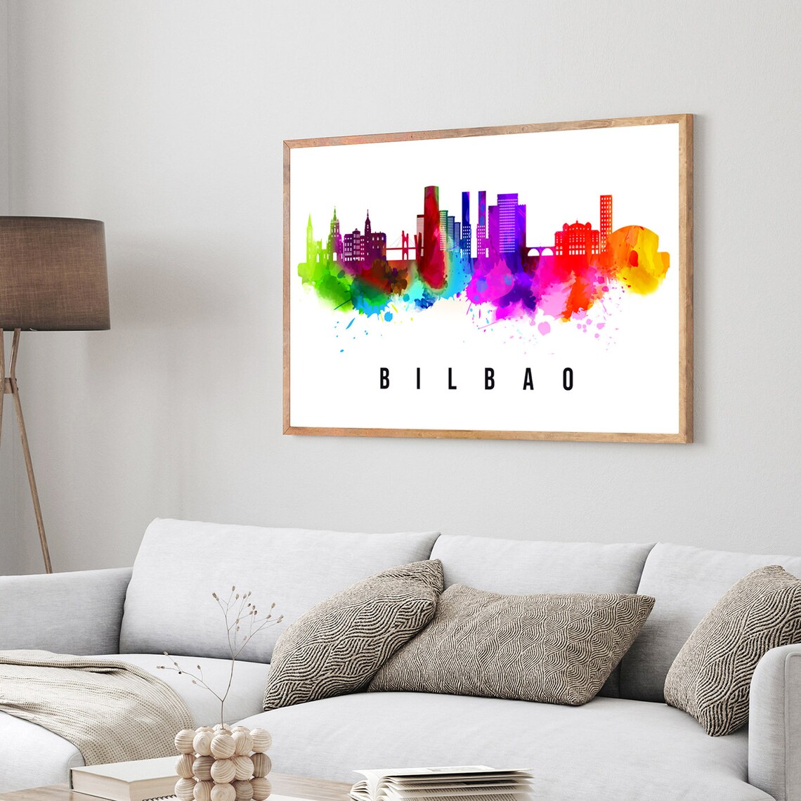 Bilbao Spain Rainbow Watercolor Skyline Modern Cityscape Travel Poster - Image 3