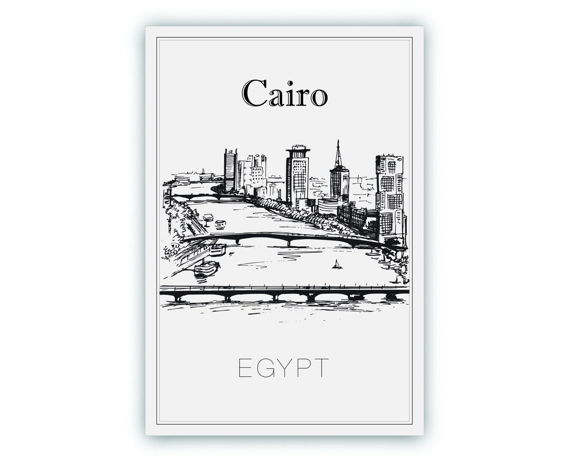Cairo Egypt Downtown Nile River Bridges Skyline Sketch Art Poster - Image 2