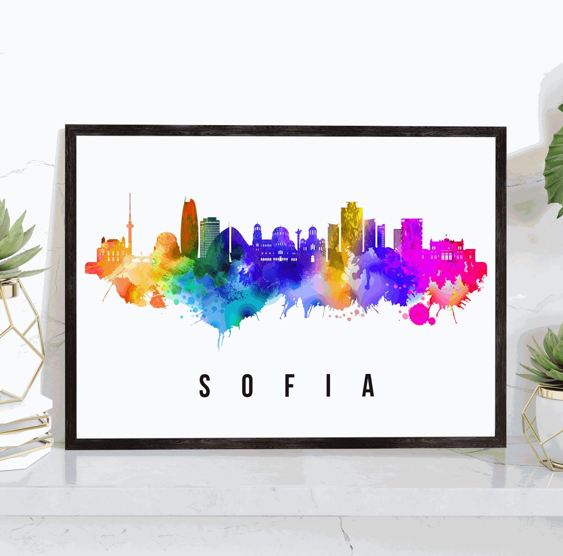 Sofia Bulgaria Rainbow Watercolor Cathedral Skyline Silhouette Poster