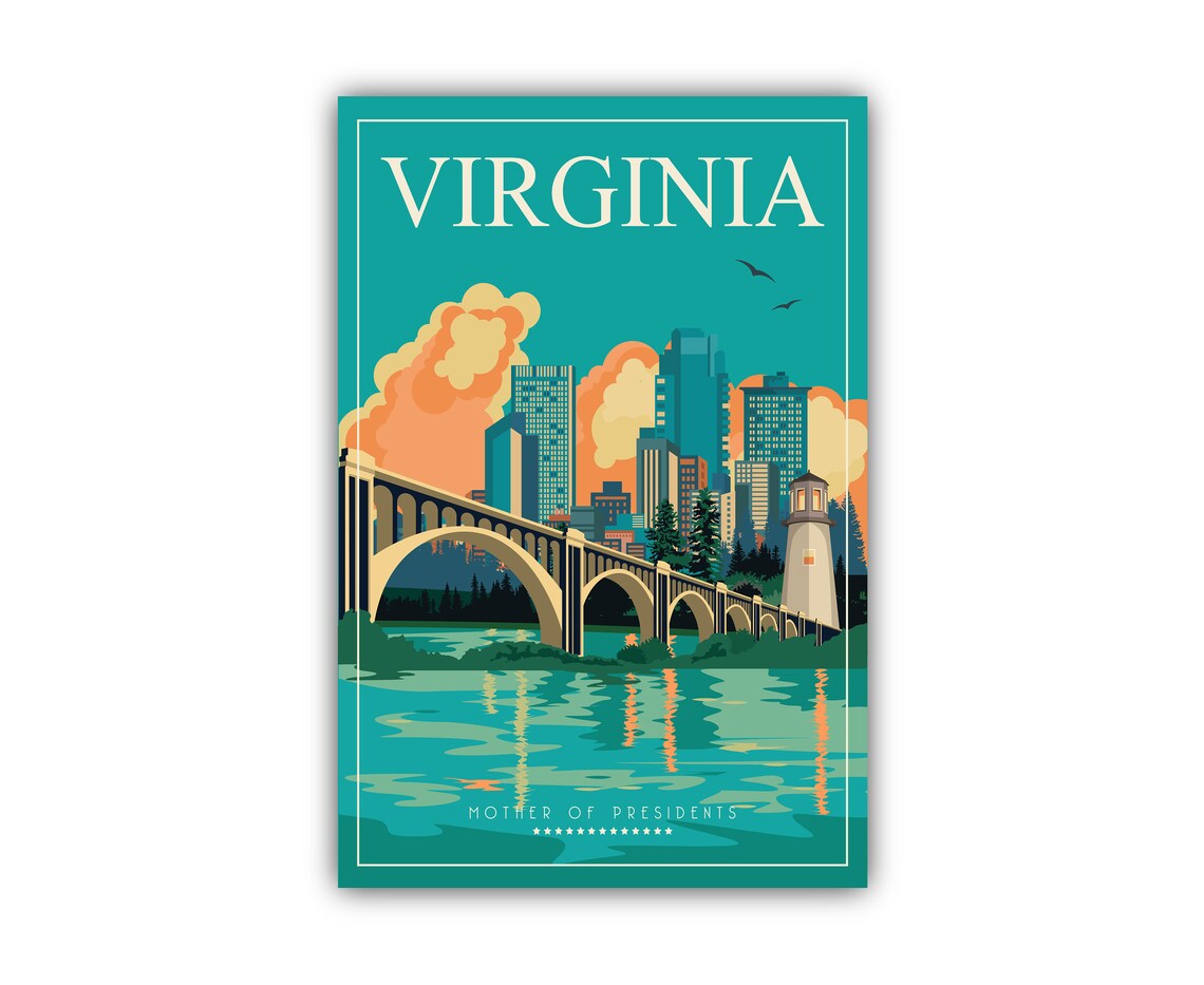 Virginia Mother Of Presidents Retro Cityscape Bridge Travel Poster - Image 2