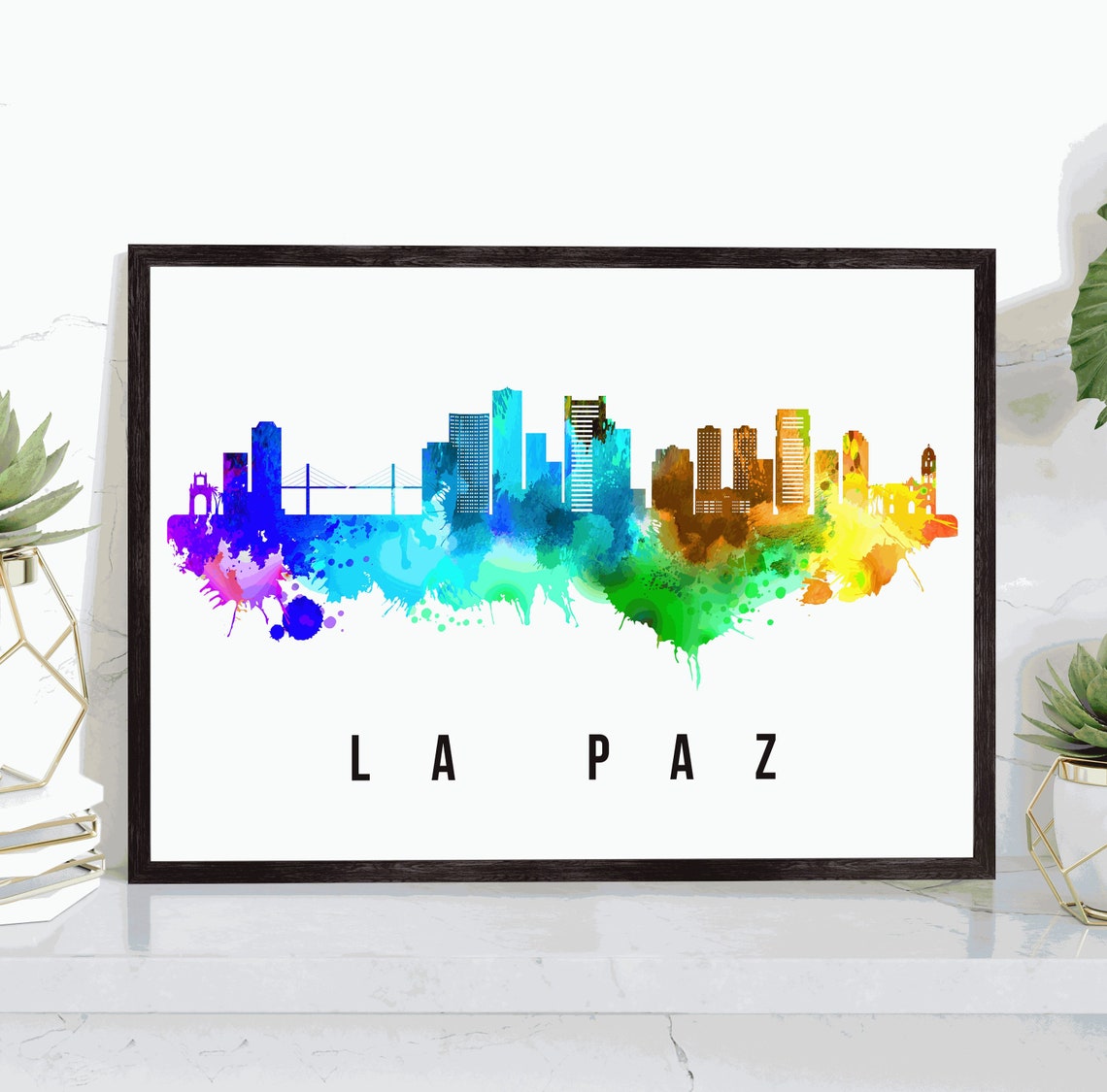 La Paz Bolivia Rainbow Watercolor Skyline Silhouette Cityscape Poster