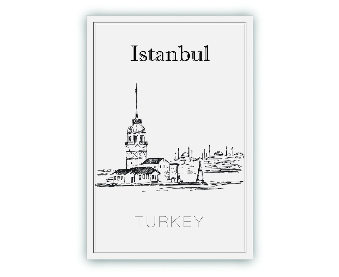 Istanbul Turkey Maiden's Tower Bosphorus Hand Drawn Sketch Poster - Image 2