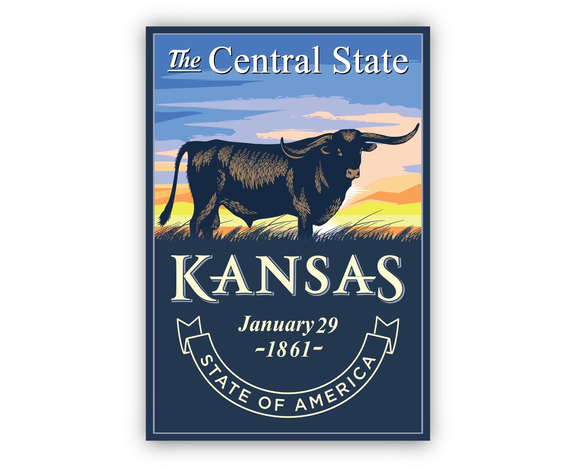 Kansas Central State Longhorn Sunset Retro Vintage State Emblem Poster - Image 2