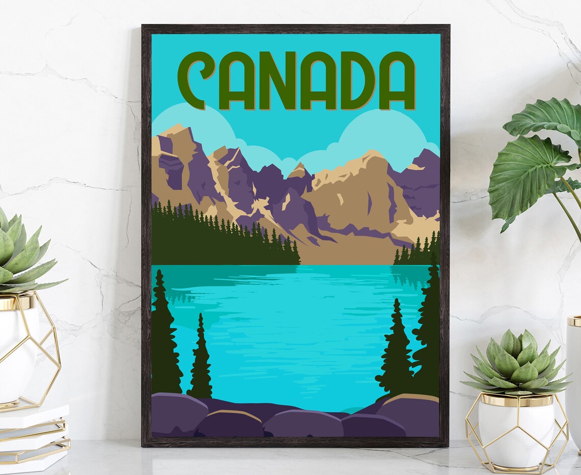 Canada Rocky Mountain Lake Turquoise Water Pine Trees Travel Poster