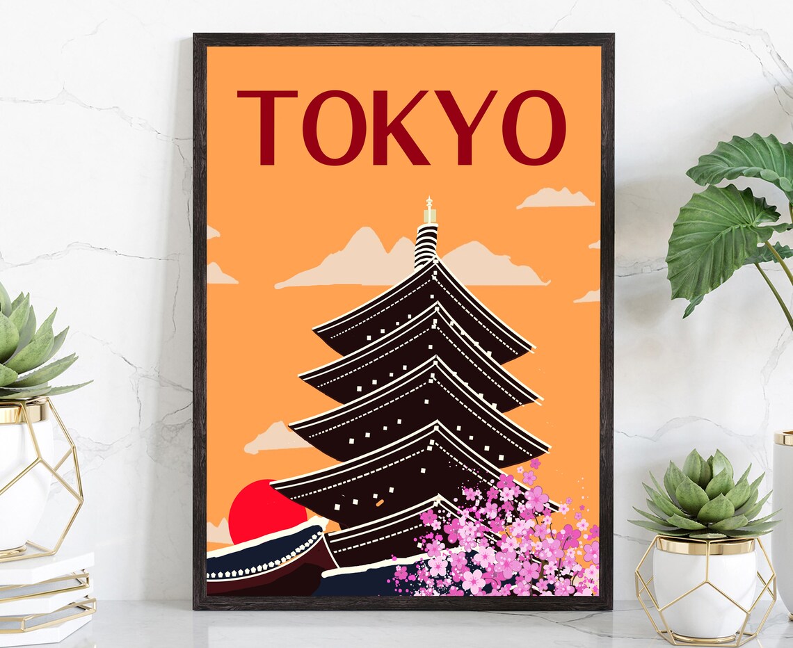 Tokyo Five Story Pagoda Cherry Blossoms Rising Sun Retro Travel Poster