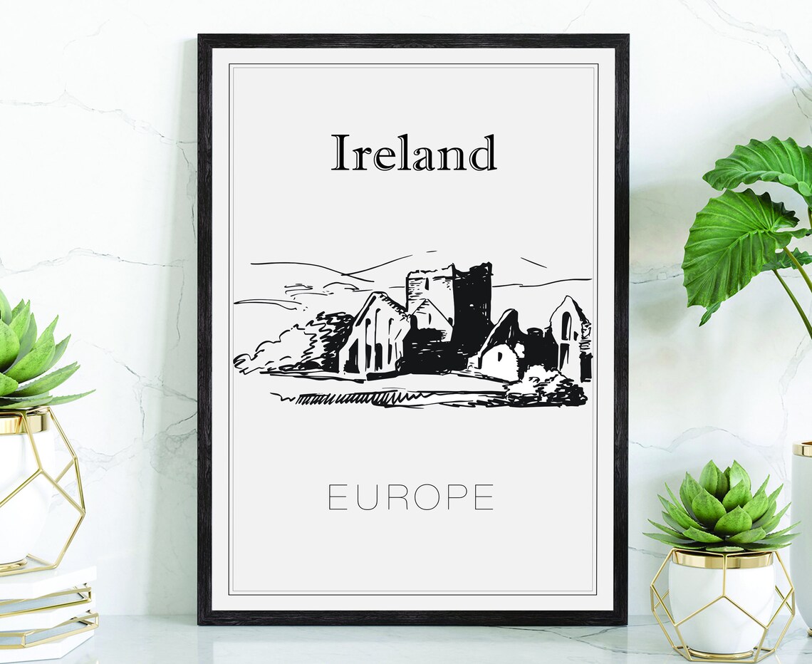 Hand Drawn Poster Ireland Travel Poster Europe Ireland Poster Wall Art Ireland Cityscape And Landmark Map City Map Calligraphy Poster