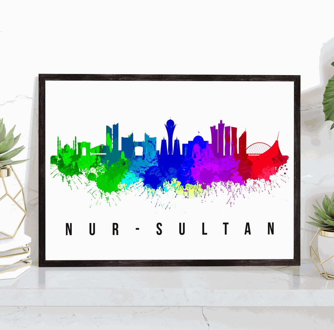 Nur Sultan Kazakhstan Rainbow Watercolor Skyline Travel Poster