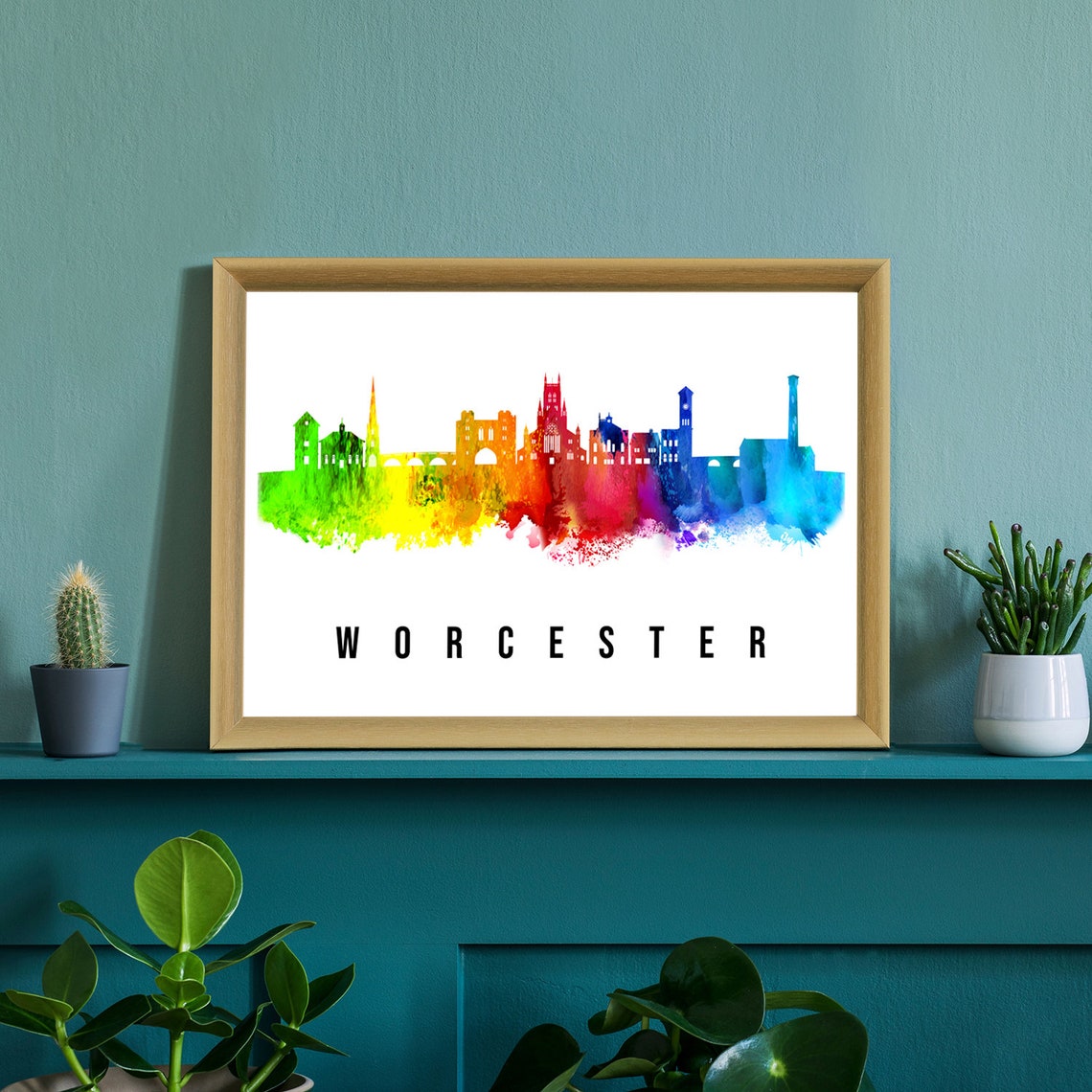 Worcester England Rainbow Watercolor Skyline Cityscape Poster - Image 3