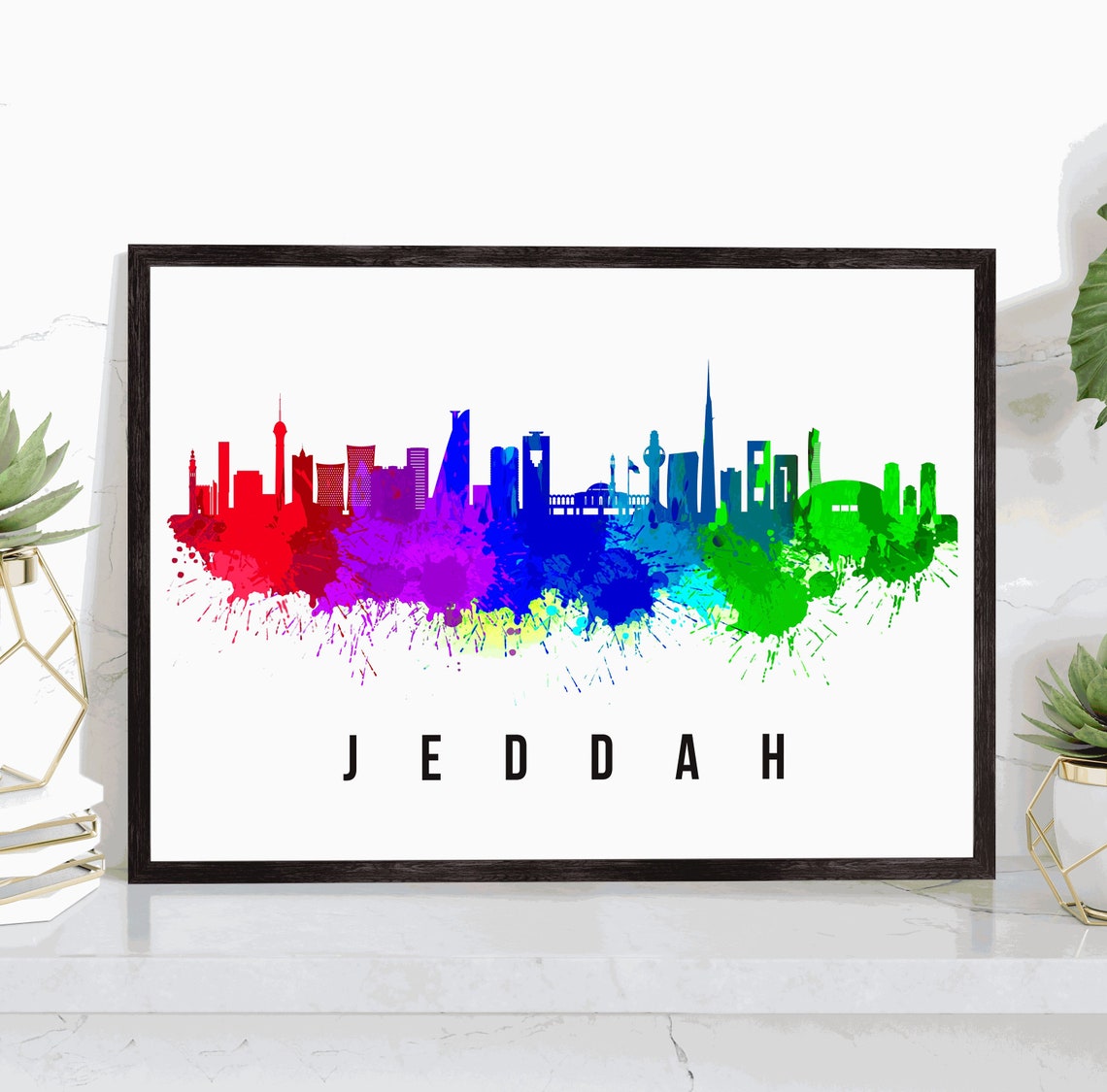 Jeddah Saudi Arabia Rainbow Watercolor Skyline Cityscape Wall Art