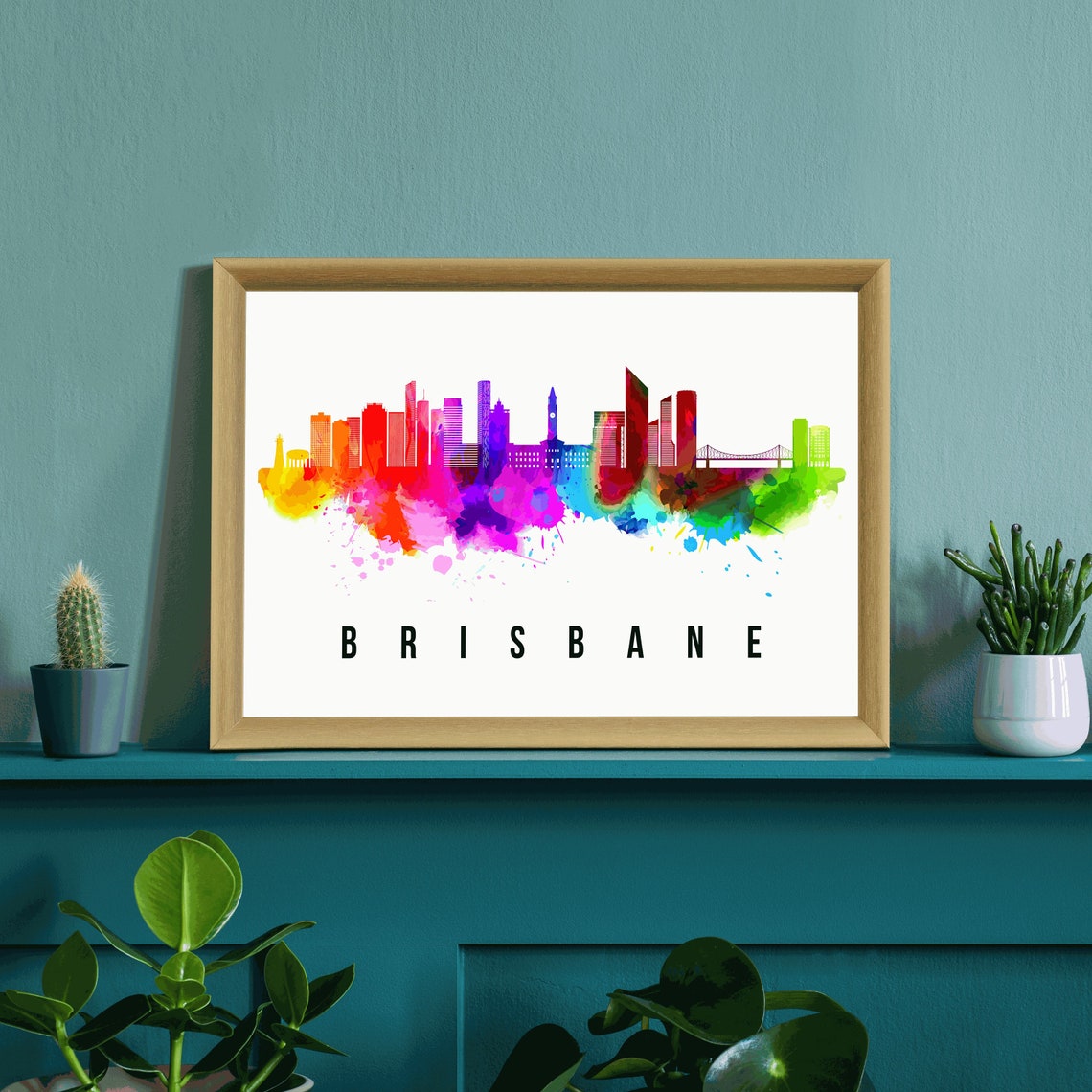 Brisbane Australia Rainbow Watercolor Splash Skyline City Poster - Image 3