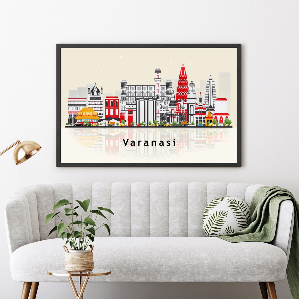 Varanasi India Ganges River Boats Temple Spires Illustration Poster - Image 3