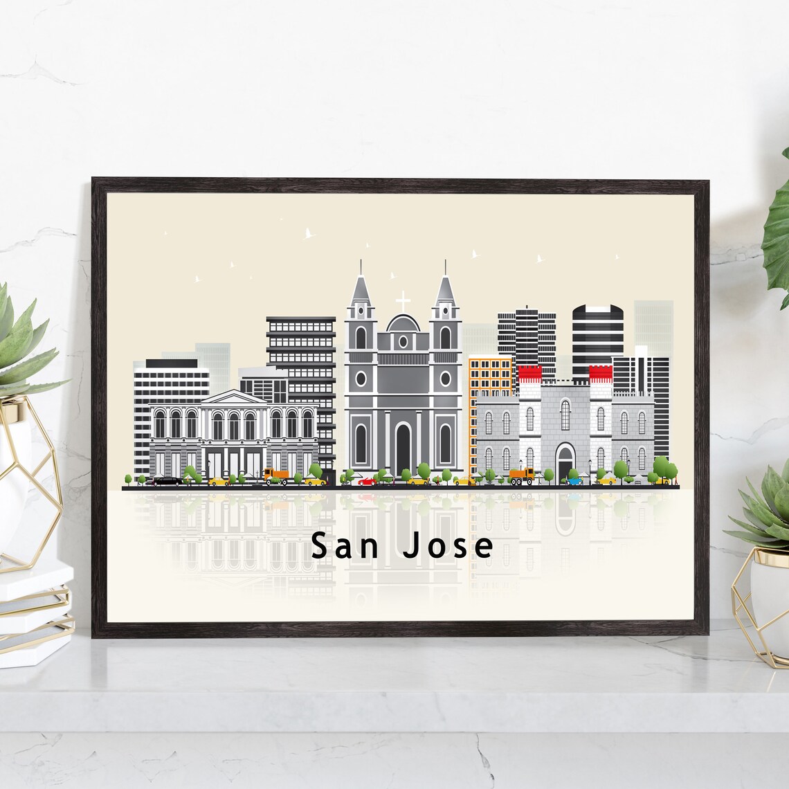 San Jose Costa Rica Twin Spire Cathedral Skyline Illustration Poster