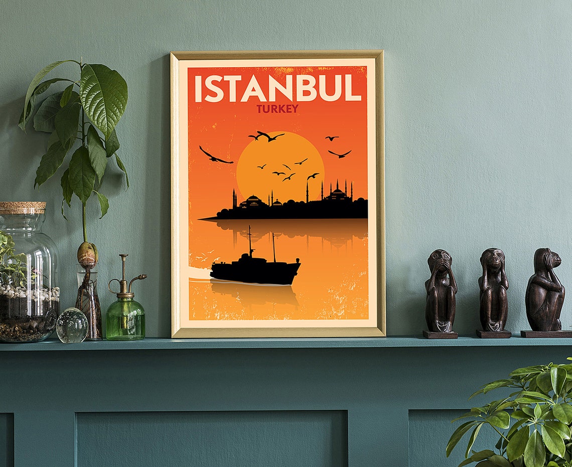 Istanbul Turkey Sunset Mosques Vintage Orange Retro Travel Poster - Image 3