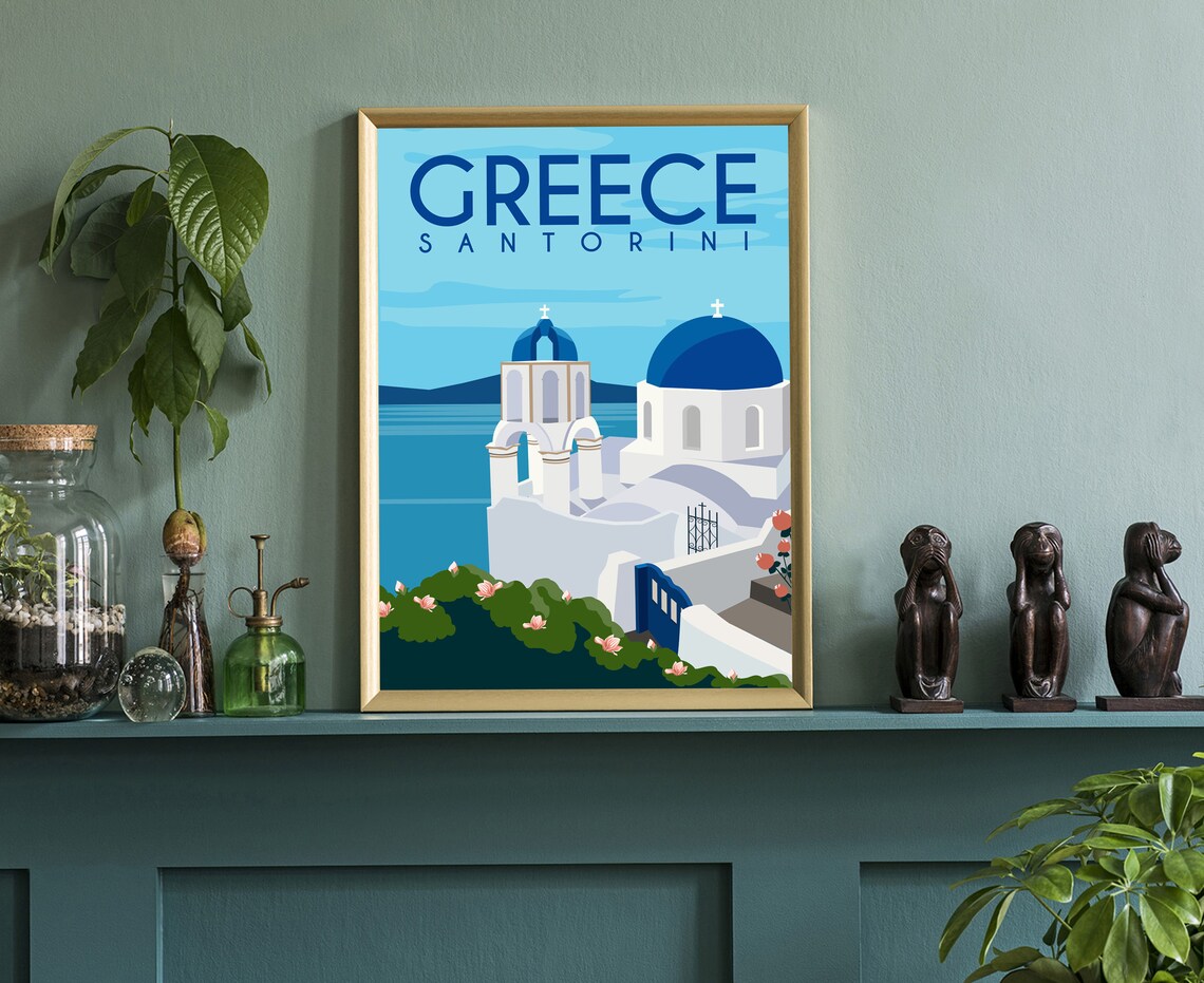 Santorini Greece Blue Domes Oia Church Caldera Retro Travel Poster - Image 3