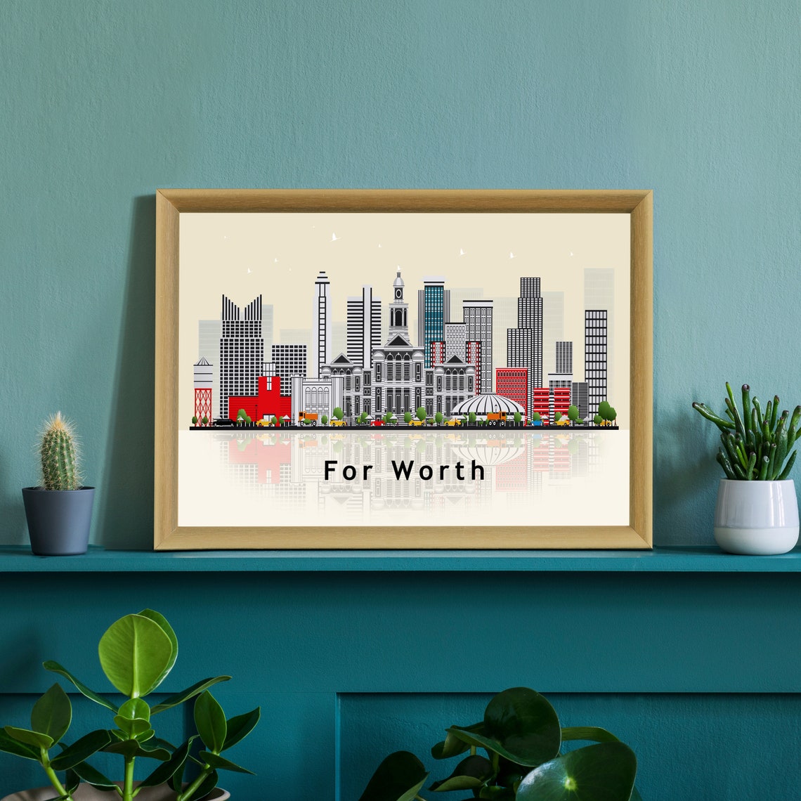 Fort Worth Texas Modern Skyline Reflection Illustration Travel Poster - Image 2