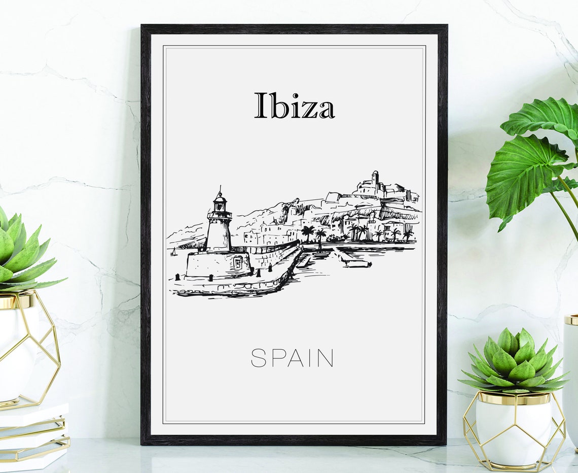 Ibiza Spain Lighthouse And Old Town Coast Hand Drawn Art Poster