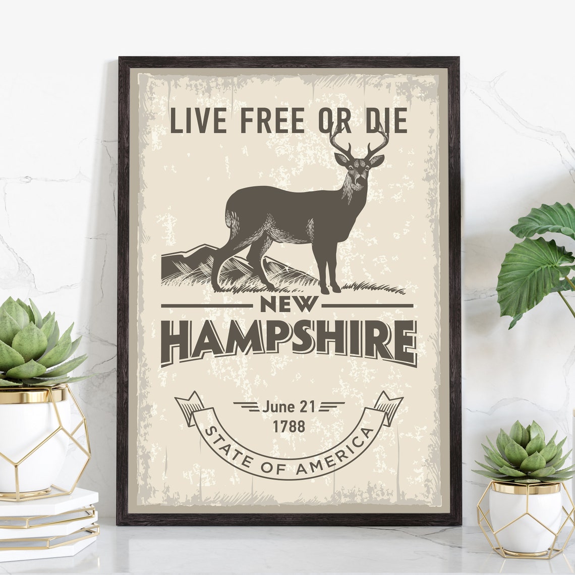 New Hampshire Live Free or Die Vintage Poster with Deer Engraving Art