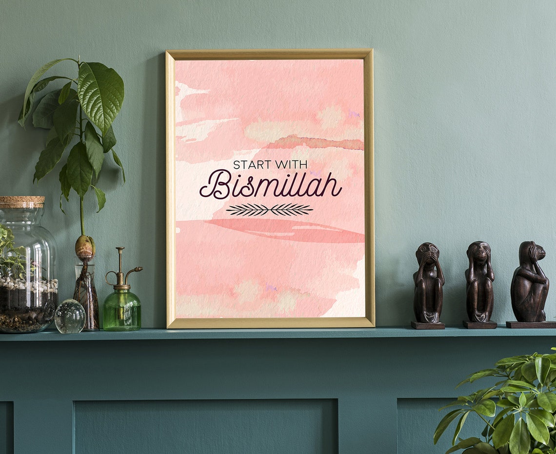 Start With Bismillah Pink Watercolor Islamic Calligraphy Poster - Image 3