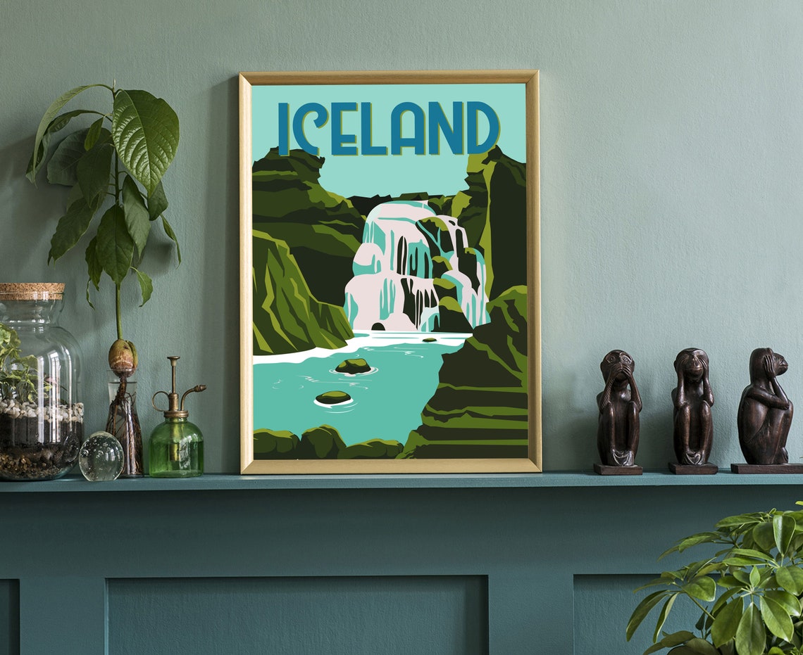 Iceland Majestic Waterfall Canyon Vintage Travel Poster Art Print - Image 3