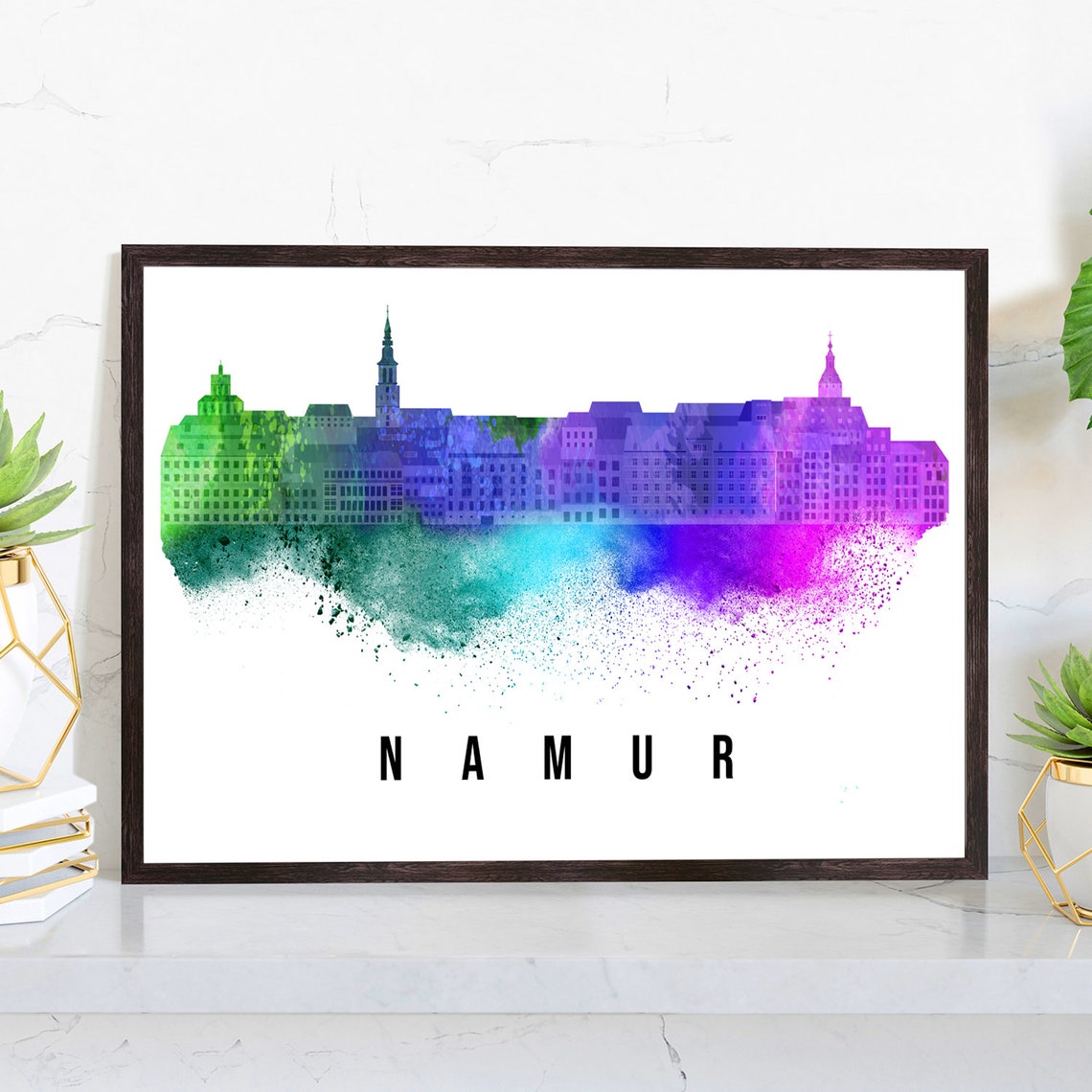 Namur Belgium Green Purple Watercolor Splash Skyline Wall Art
