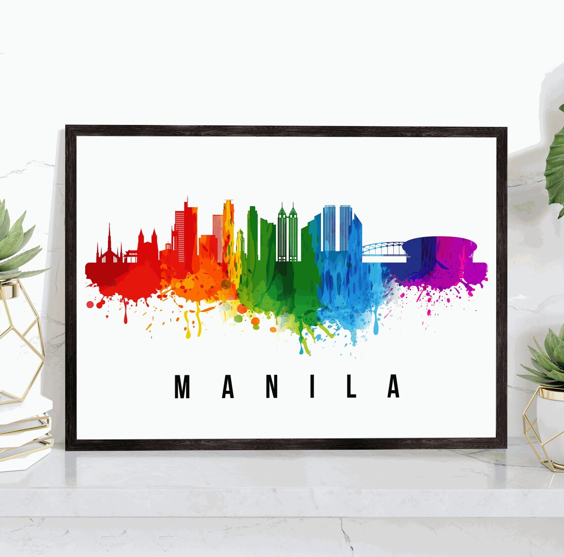 Manila Philippines Rainbow Watercolor Skyline Silhouette Art Poster