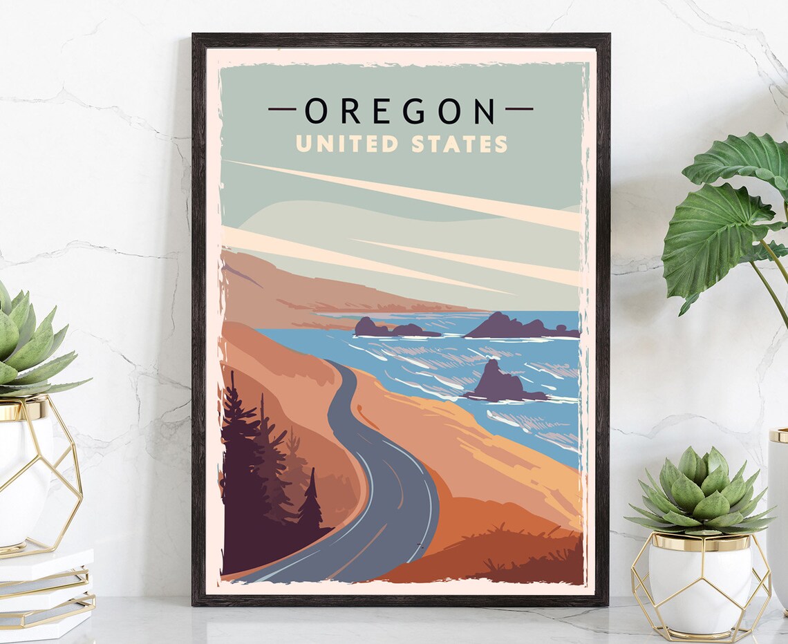 Oregon United States Coastal Highway Sea Stacks Sunset Vintage Poster