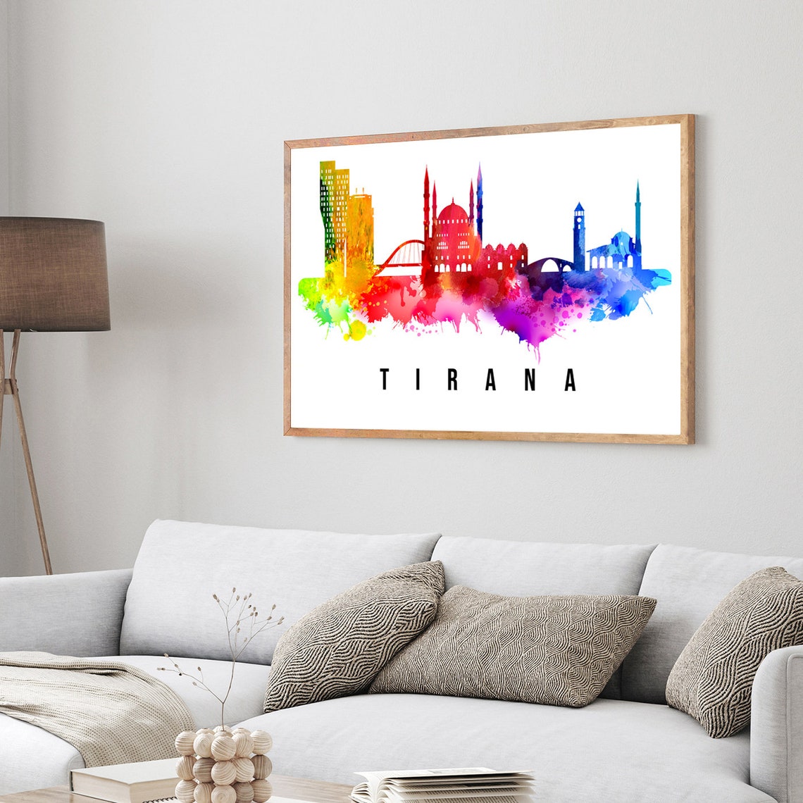Tirana Albania Rainbow Watercolor Skyline Mosque Bridge Art Poster - Image 3