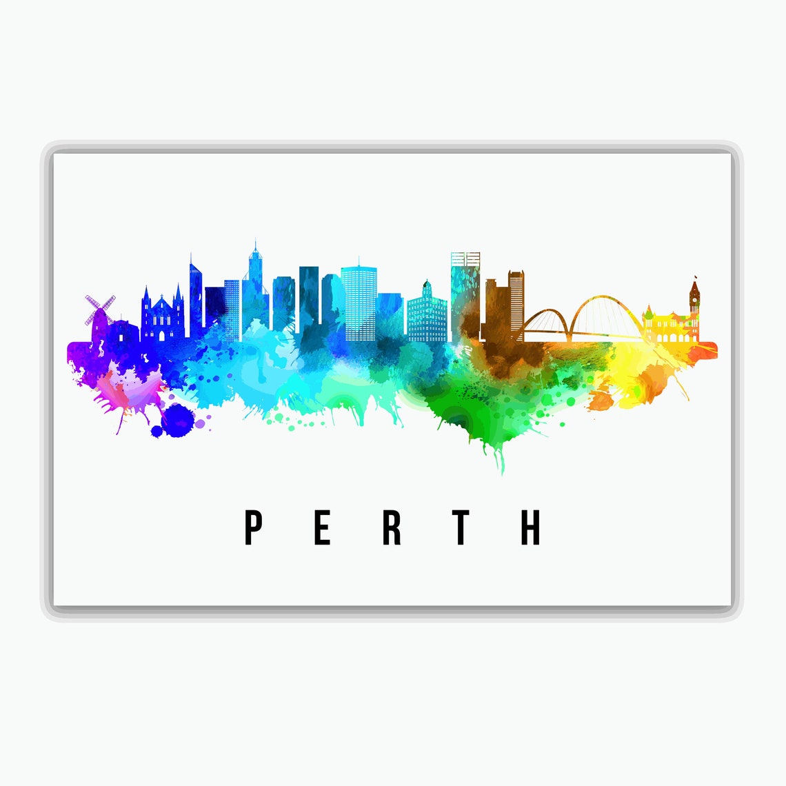 Perth Rainbow Watercolor Skyline Bridge City Art Travel Poster - Image 2