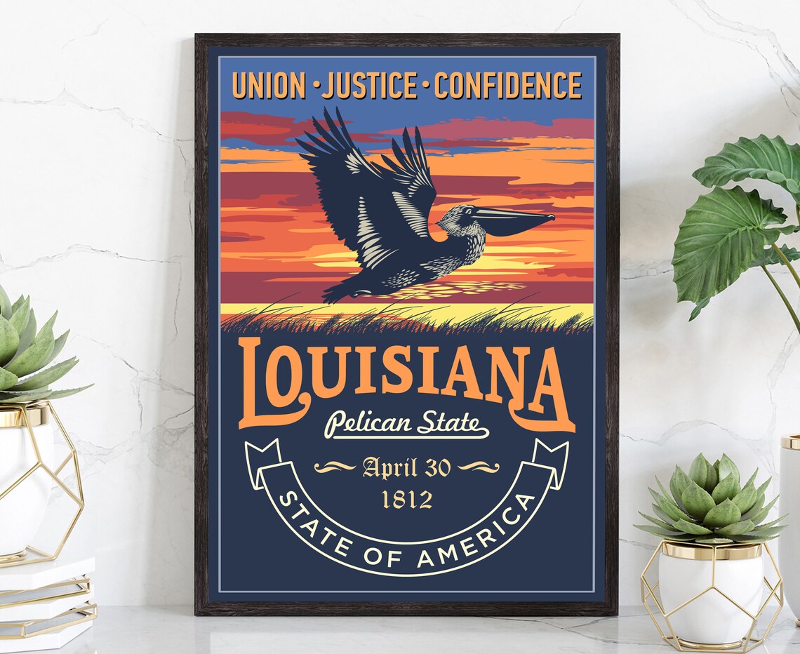 Louisiana Pelican State Retro Sunset State Emblem Travel Poster