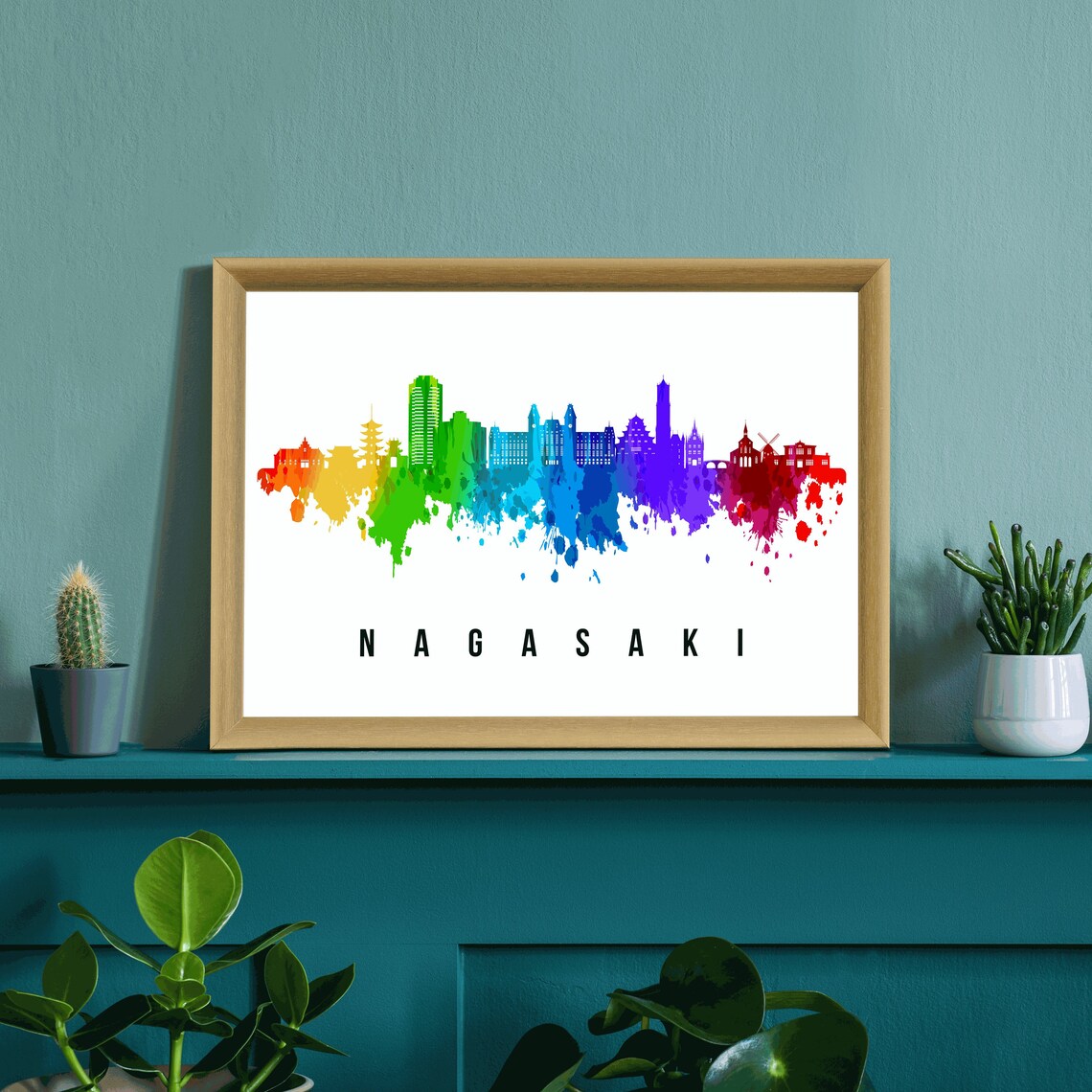Nagasaki Japan Rainbow Watercolor Skyline City Art Travel Poster - Image 3