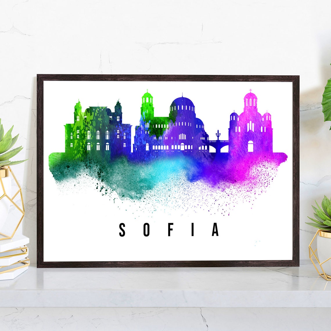 Sofia Bulgaria Watercolor Skyline Purple Green Landmark Travel Poster