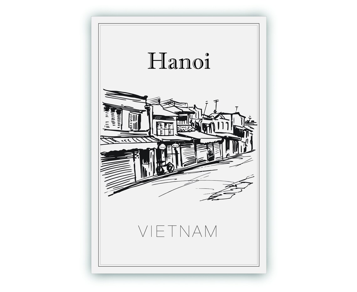 Hanoi Vietnam Old Quarter Street Shops Hand Drawn Line Art Poster - Image 2