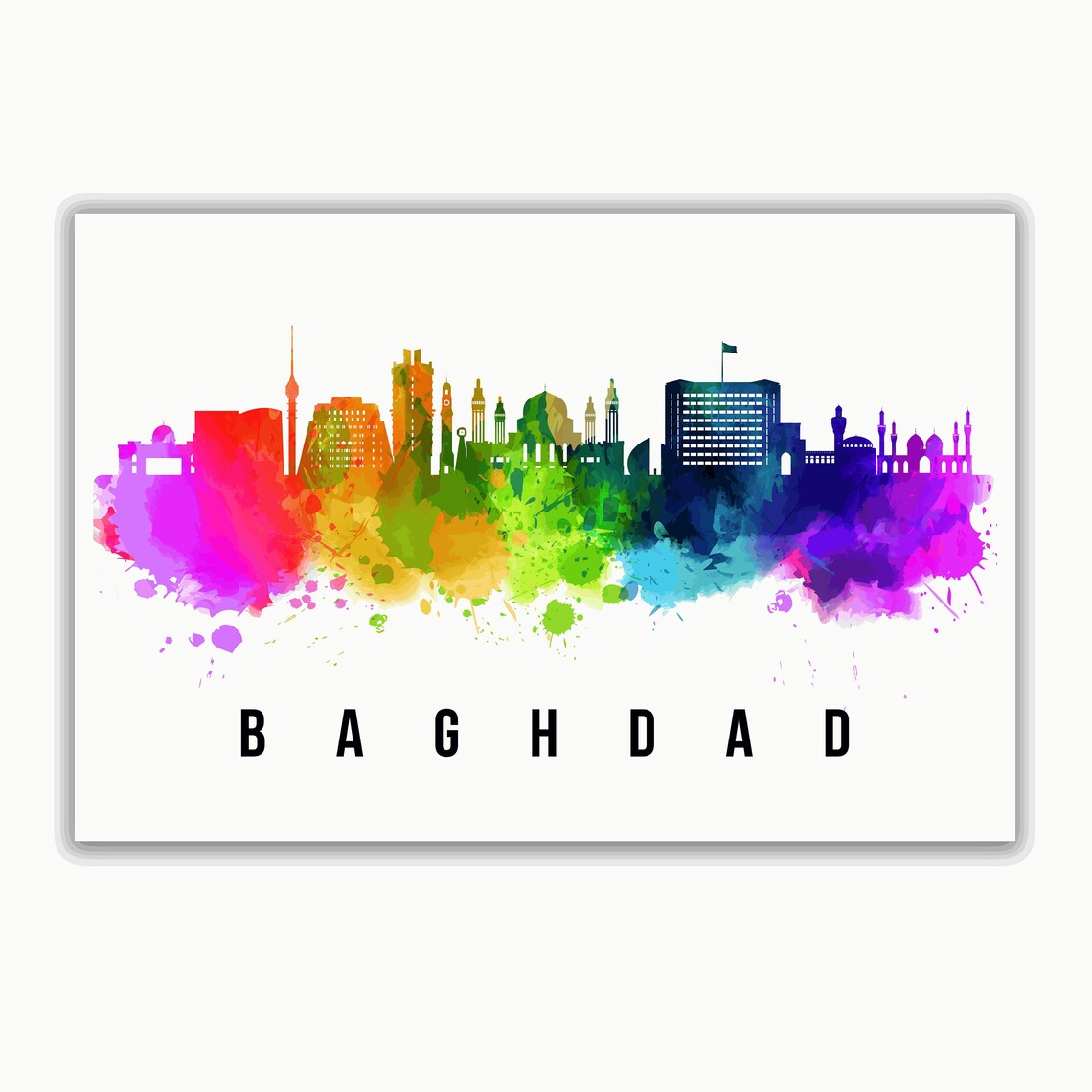 Baghdad Iraq Rainbow Watercolor Minarets Skyline City Poster - Image 2